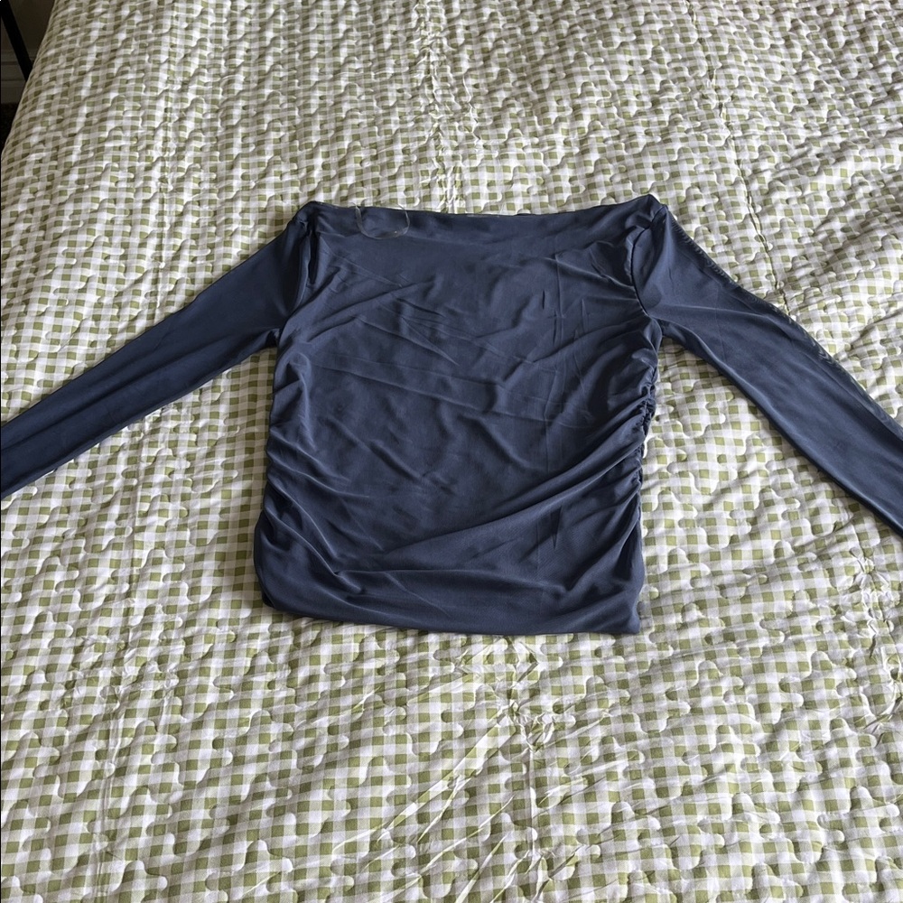 Blue off the shoulder mesh ruched top